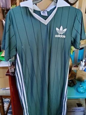 Adidas Green Pinstripe Polo-Style Soccer Jersey with White Accents SZ S